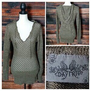 Daytrip Sweater M Olive Green Boho Open Weave Hooded Ramie Knit
